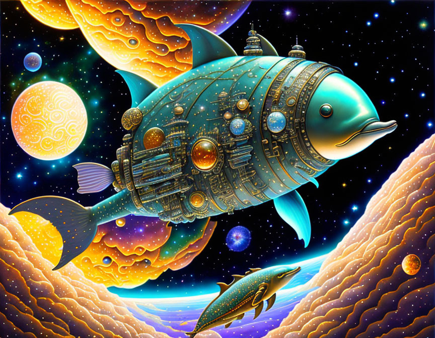 Colorful fish with mechanical features in cosmic setting.