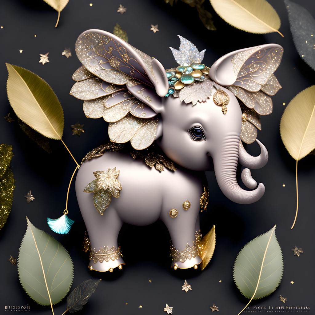 Whimsical elephant with gold and glitter leaves on dark background