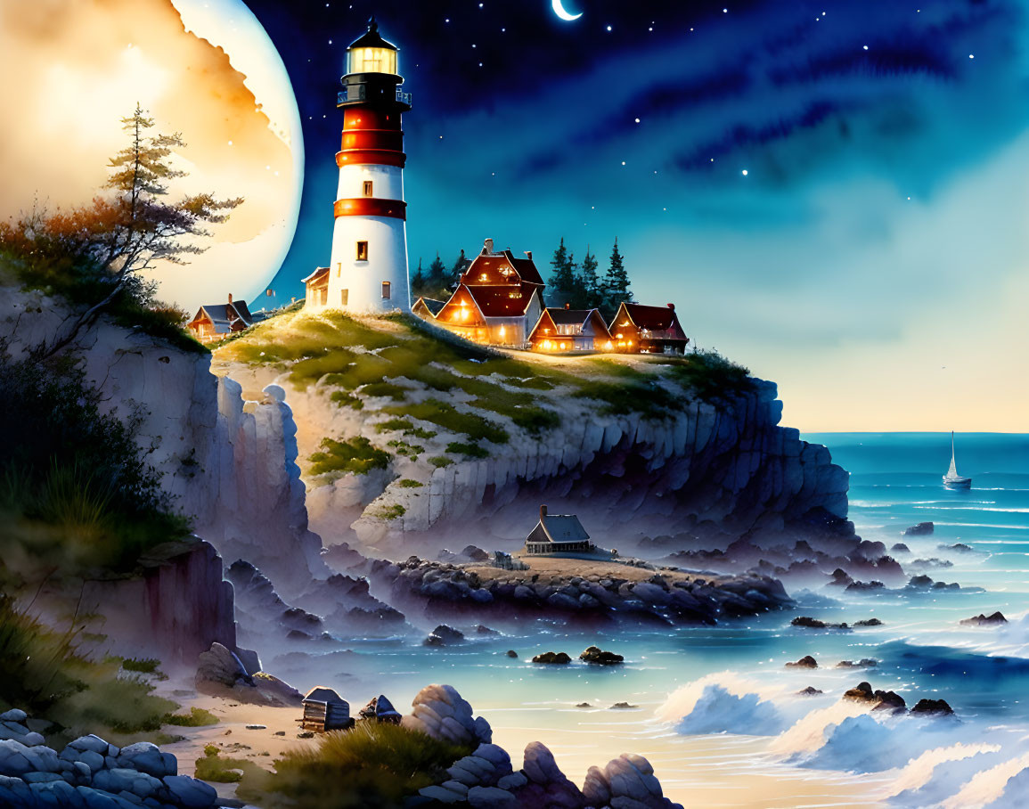 Nighttime scene of illuminated lighthouse on cliff with crescent moon, stars, calm sea, houses