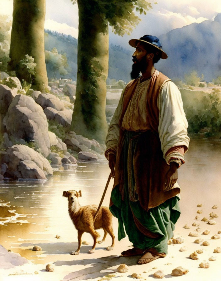 Bearded man in traditional attire with dog by river and mountains.