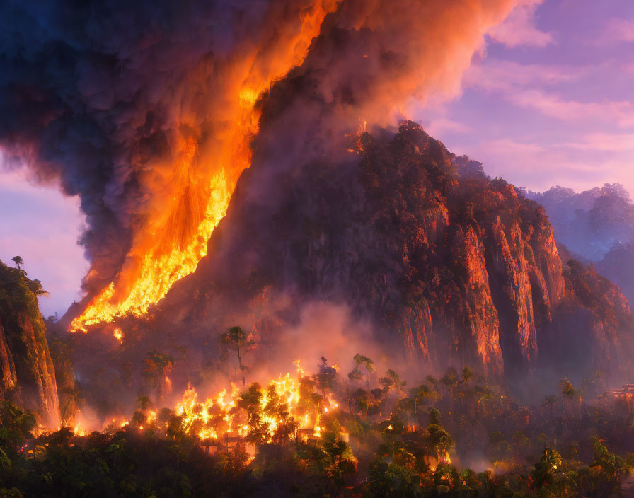 Volcanic eruption with fiery lava, smoke, and flames at dusk