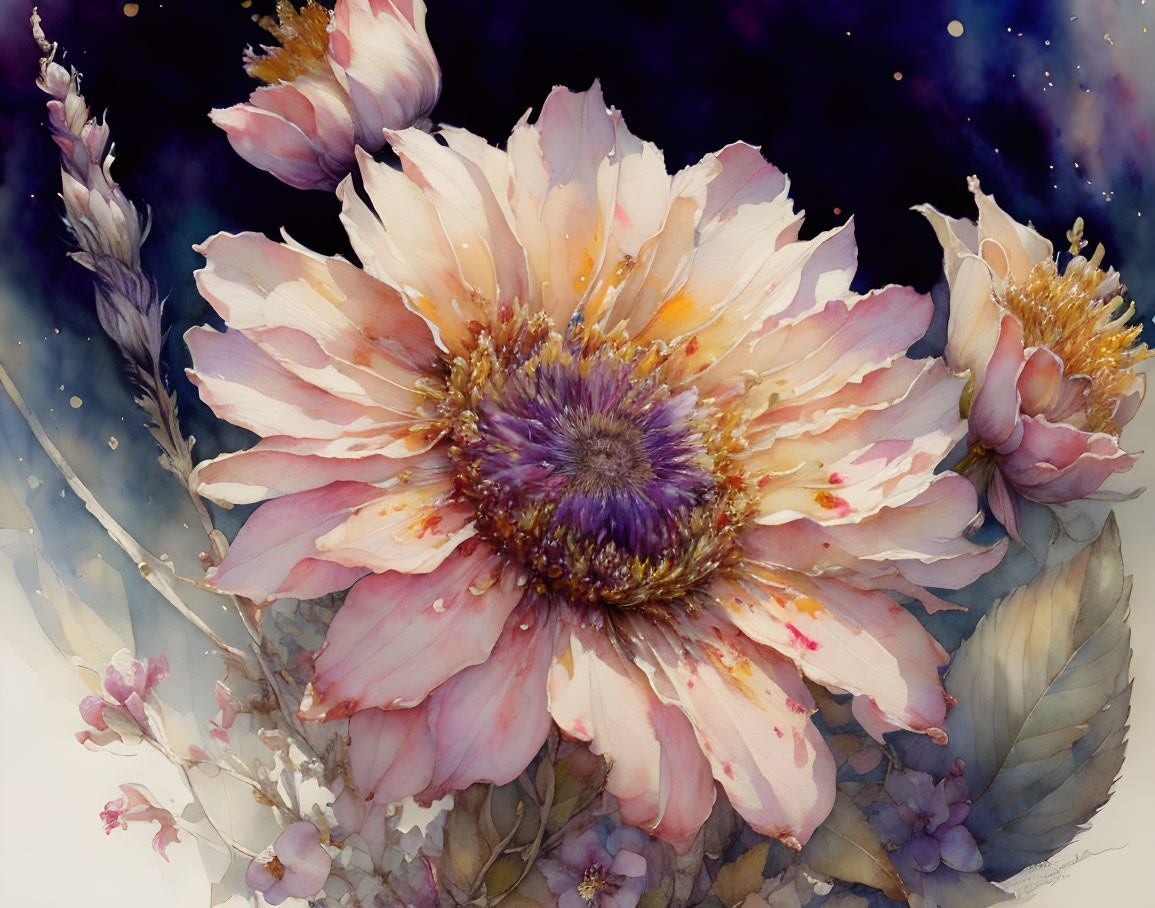 Soft pink and purple flower watercolor painting on dark, starry backdrop