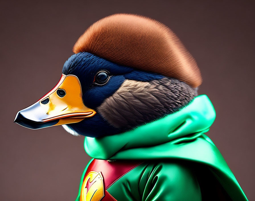 Duck with human-like features in superhero attire with vintage hairpiece