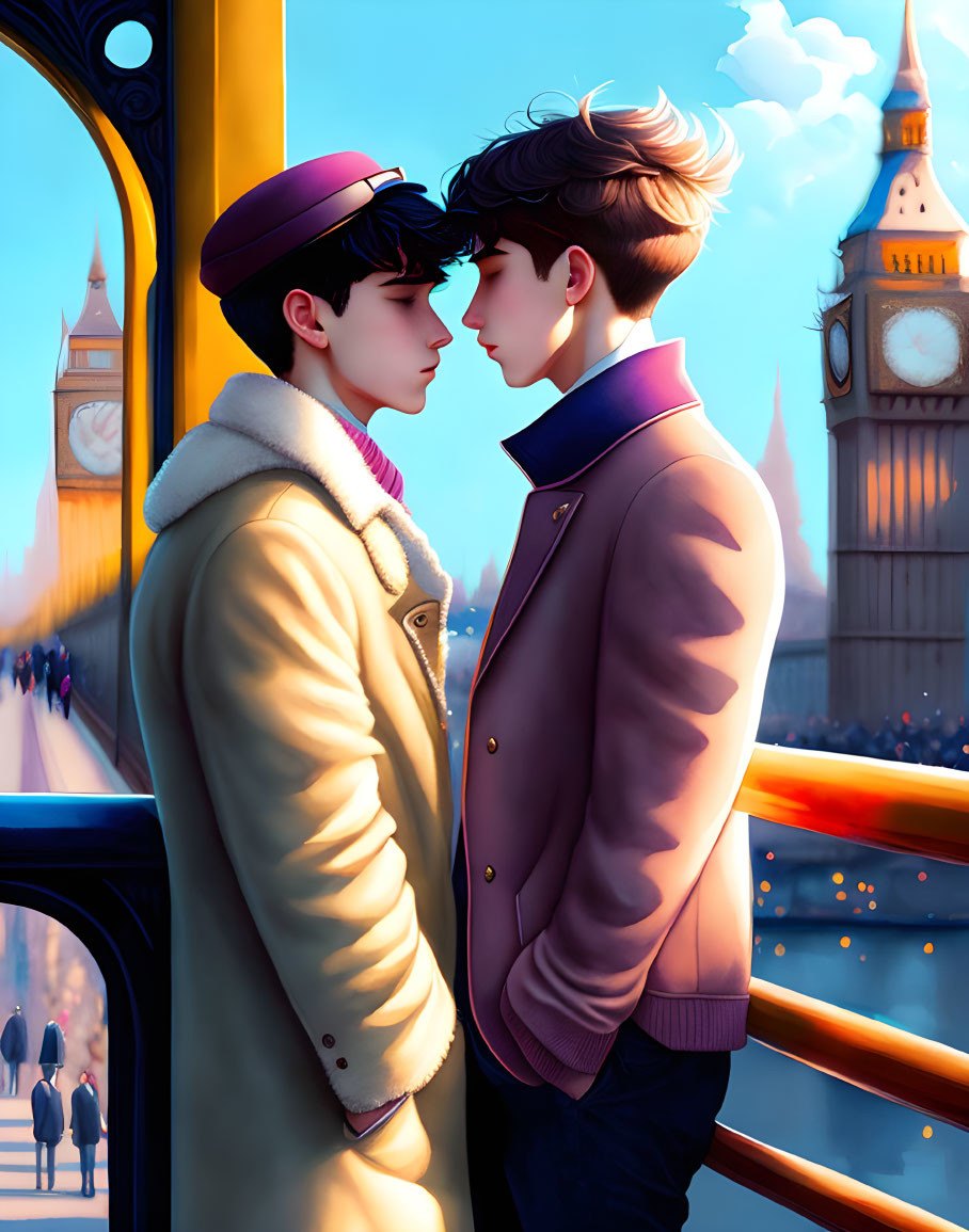 Animated characters kissing on bridge at sunset with Big Ben in background