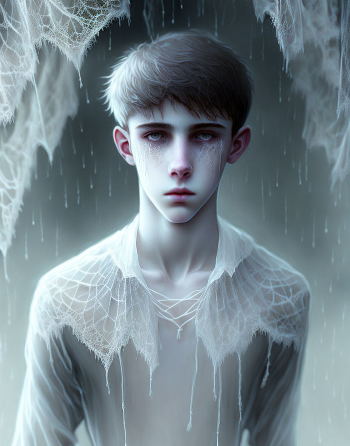 Pale Young Person with Striking Eyes in Surreal Misty Blue Setting