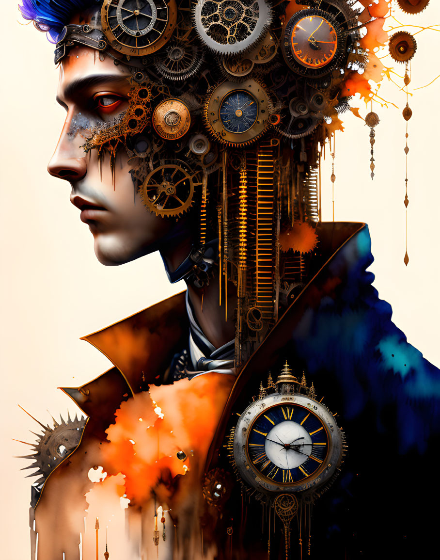 Steampunk-inspired digital portrait with intricate gears and clocks.