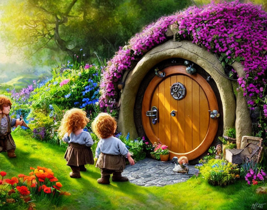 Vibrant garden scene with animated children and wooden door