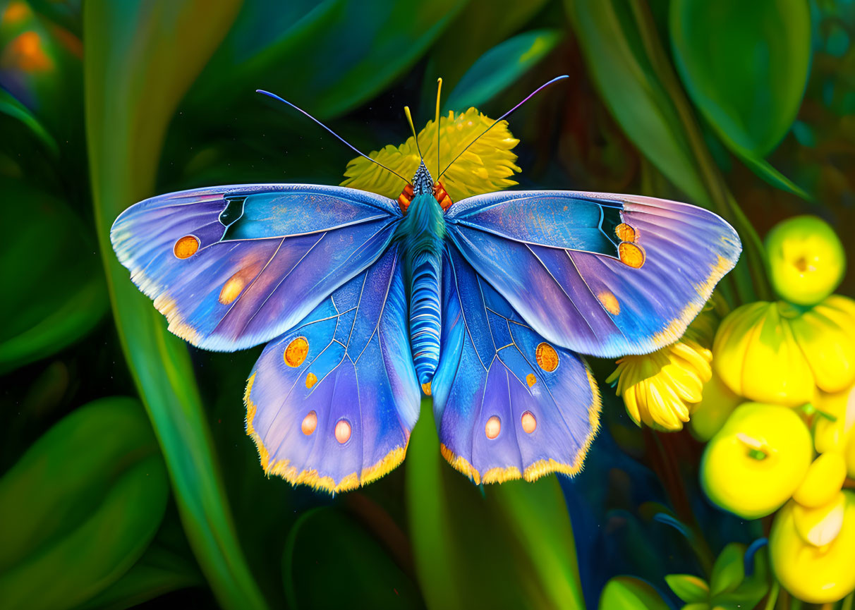 Colorful Butterfly with Blue Wings and Orange Spots on Yellow Flowers