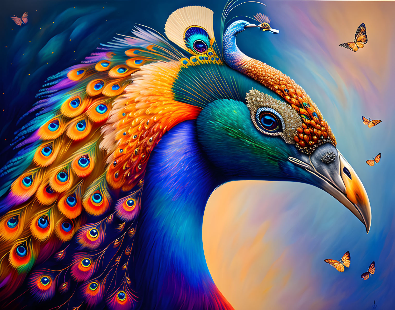 Colorful Peacock Illustration with Butterflies on Blue-Orange Background