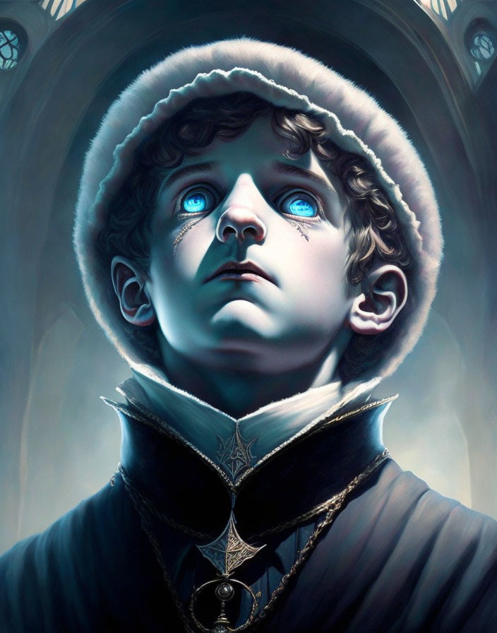 Digital painting of boy with bright blue eyes and vintage collar, halo-like aura.