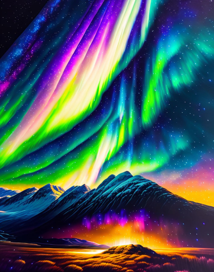 Colorful Aurora Borealis Over Snowy Mountain Peaks