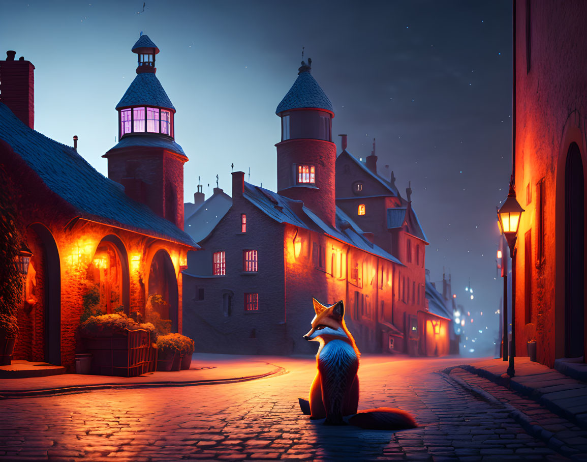 Luminous fox on cobblestone street with starry sky and floating orbs