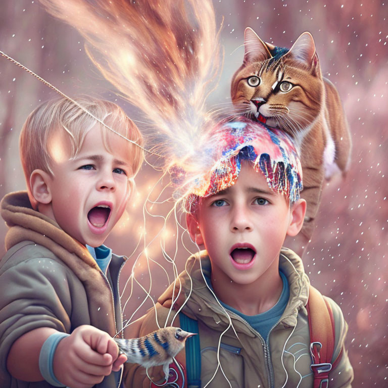 Children with surprised expressions and galaxy brain cat on head.