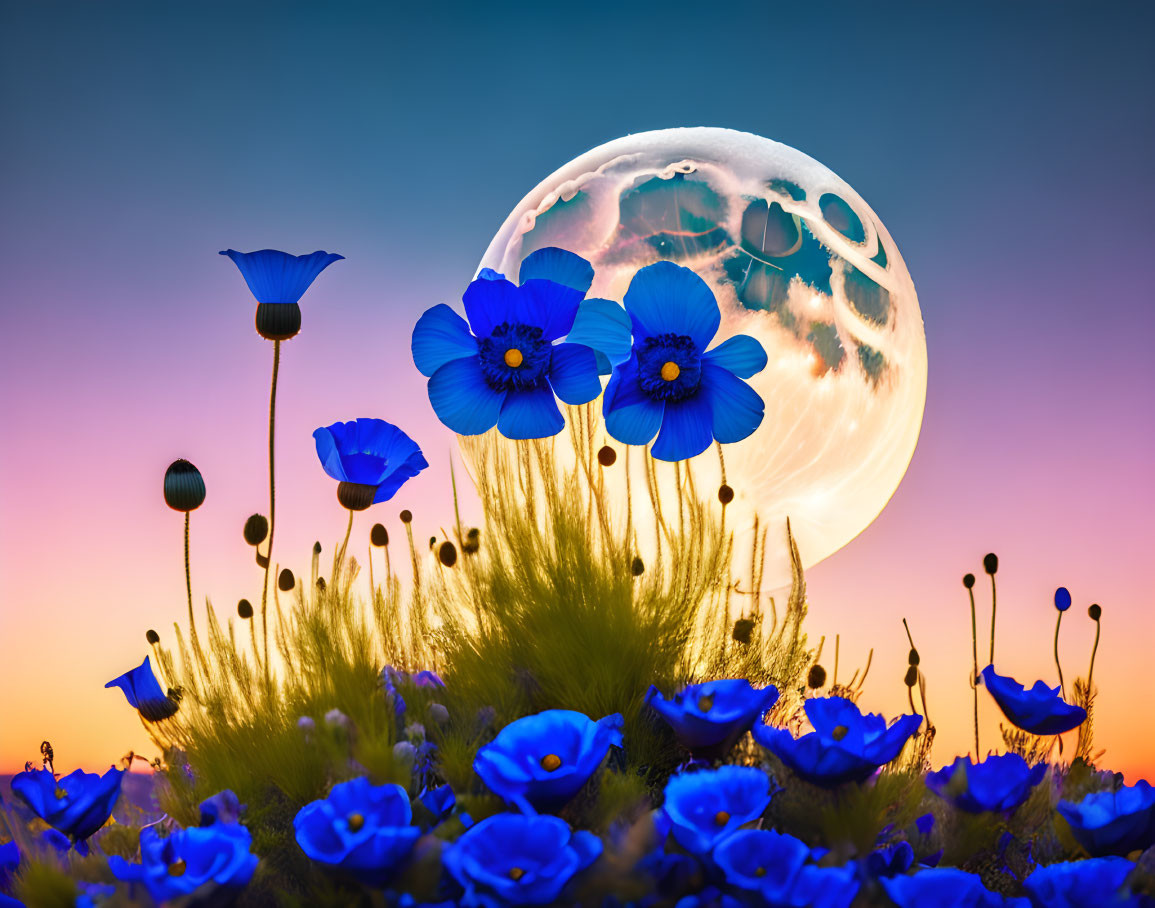 Detailed moon rises behind vivid blue poppies against gradient sunset sky