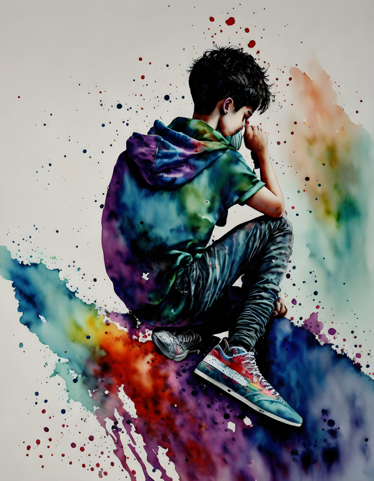 Contemplative person in colorful hoodie against vibrant paint splatter background