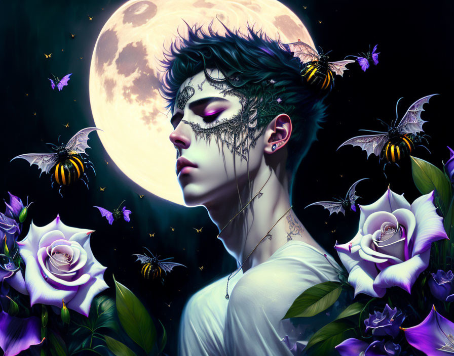 Portrait of Person with Ornate Mask Surrounded by Purple Roses and Bees under Full Moon