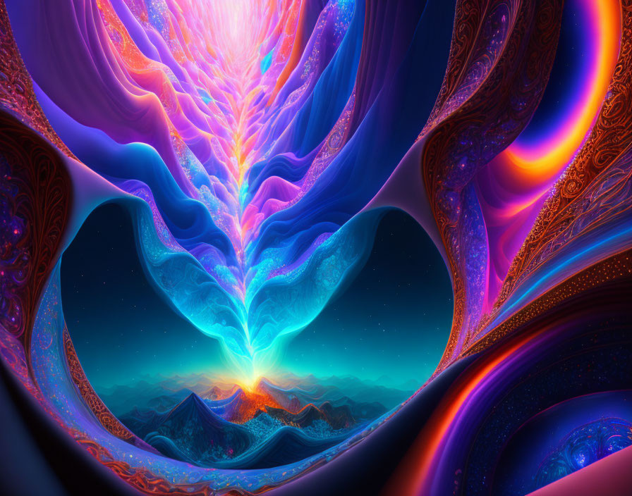 Colorful digital artwork of tree-shaped fractal in blues and purples above mountains.