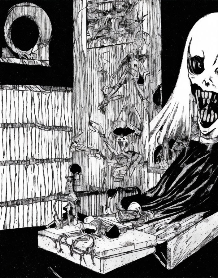 Creepy black and white illustration of ghostly figures in a room