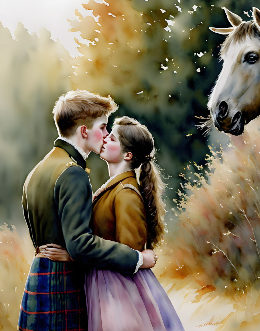 Young couple in vintage attire with horse in pastoral scene