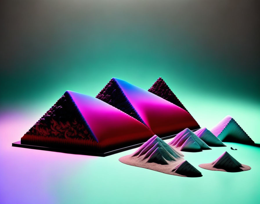 Abstract pyramid-like shapes with neon colors on textured surface