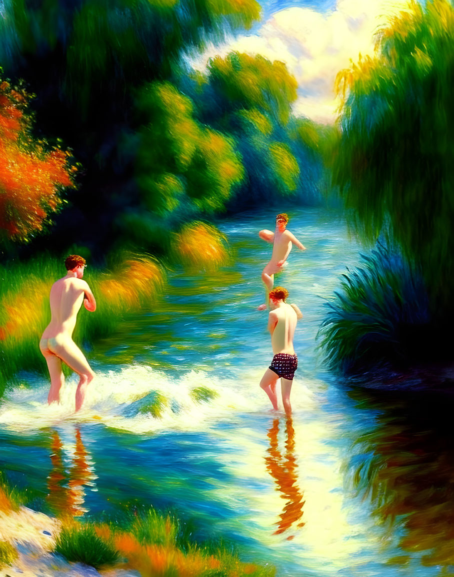 Vibrant oil painting of three people in a sunlit river surrounded by lush greenery