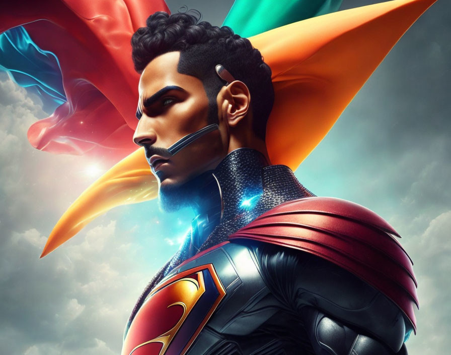 Male superhero with vibrant cape and 'S' emblem suit in stylized image