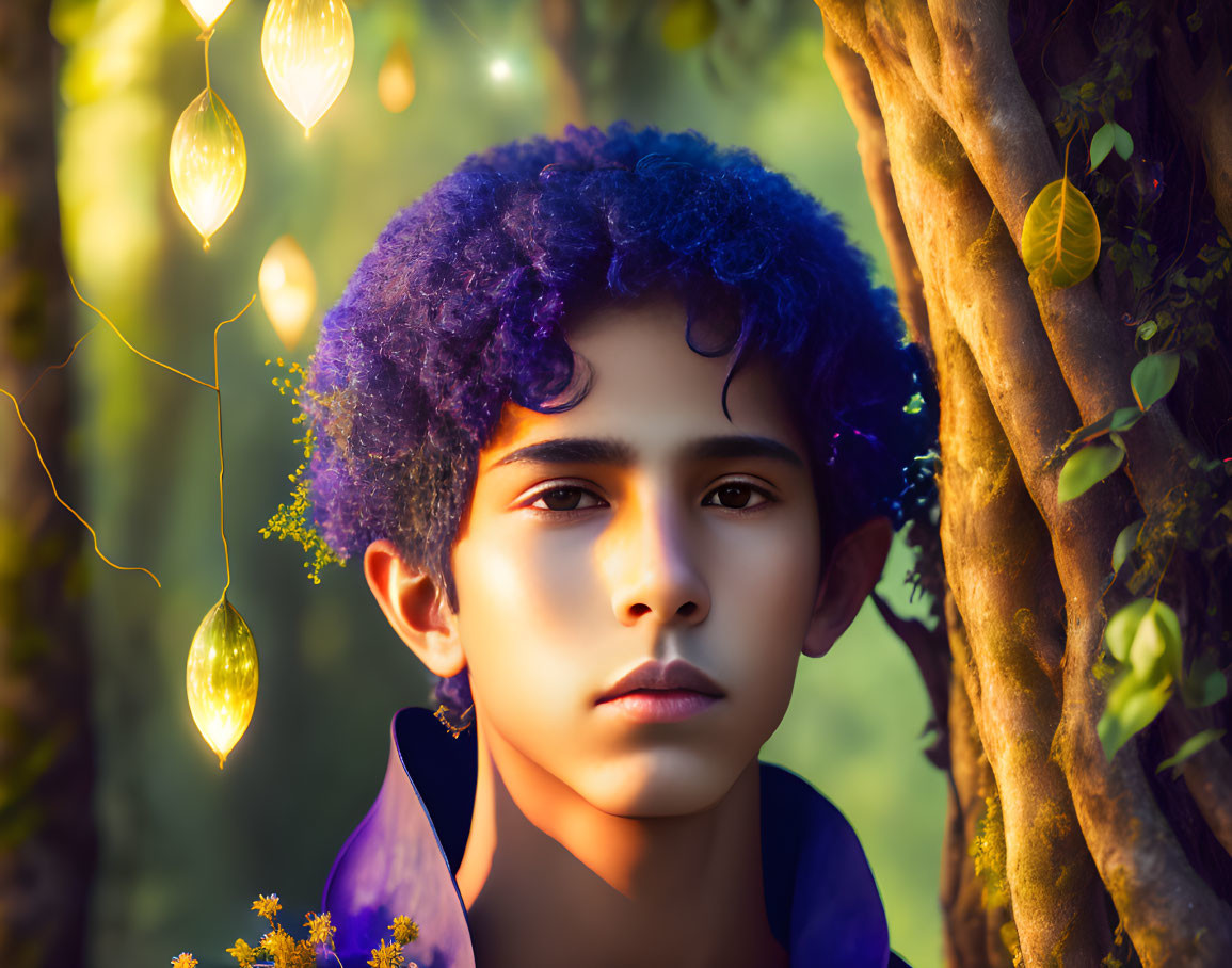 Purple-haired youth by tree with hanging lit bulbs in sunlit forest