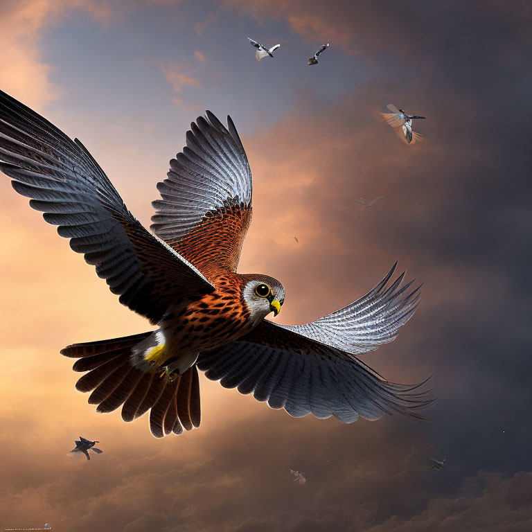 Majestic falcon soaring with outstretched wings in dramatic sky