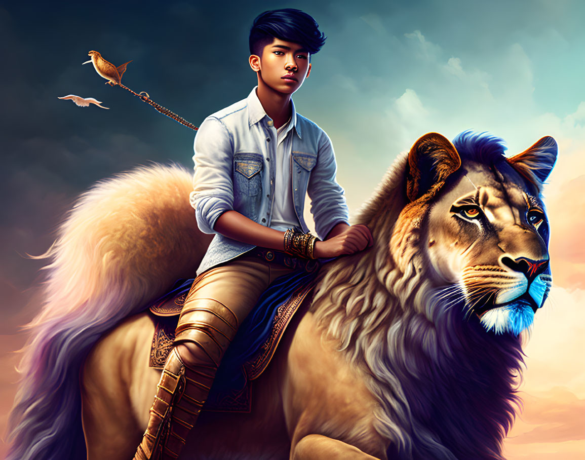 Young man riding lion under dramatic sky with bird on leash