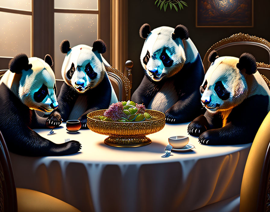 Four Animated Pandas Dining Around Fruit Bowl in Elegant Room