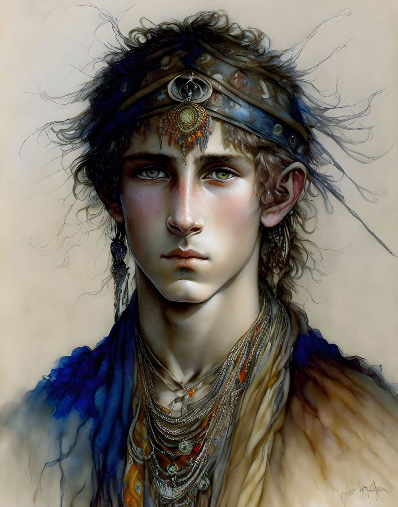 Fantasy portrait of a young person with ornate headpiece and necklaces