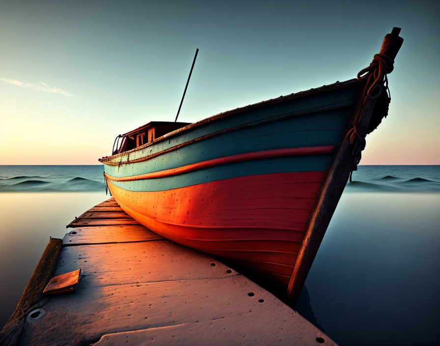 Vibrant boat at peaceful shore under sunset sky