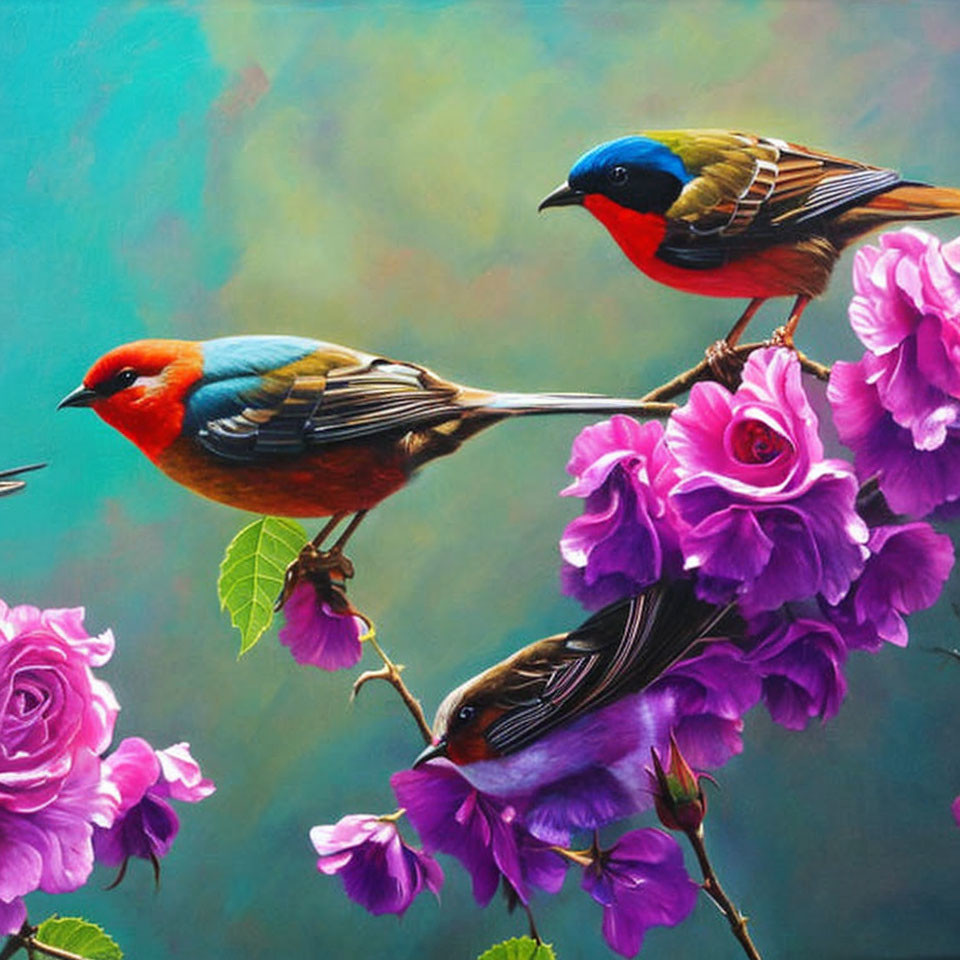 Colorful Birds Perched on Branches with Purple Flowers in Soft-focus Setting