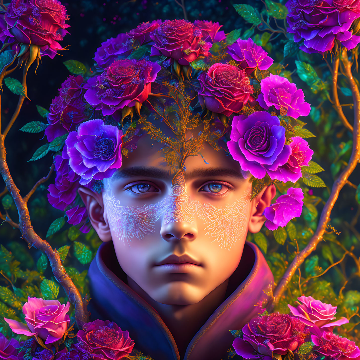 Digital artwork: Serene person with purple roses and intricate facial markings