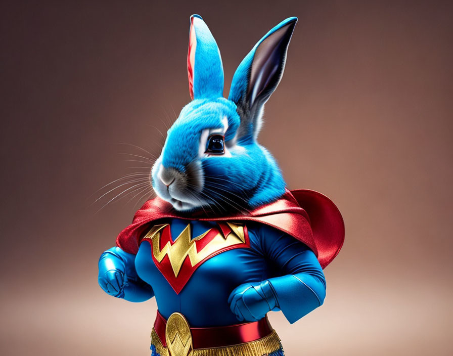 Stylized superhero rabbit with red cape and blue costume