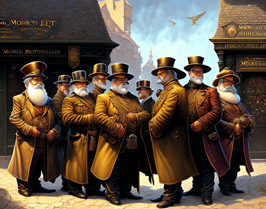 Fantasy dwarves in Victorian attire in ornate alleyway setting