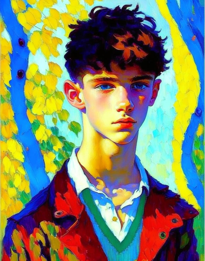 Young man with curly hair and red jacket on vivid blue and yellow background