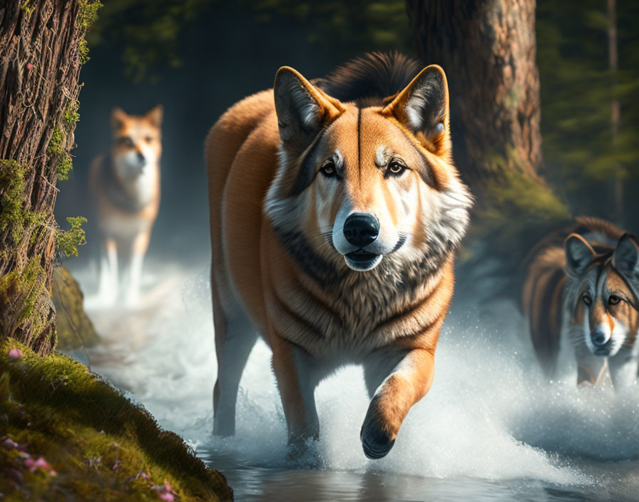 Misty forest scene with pack of running wolves