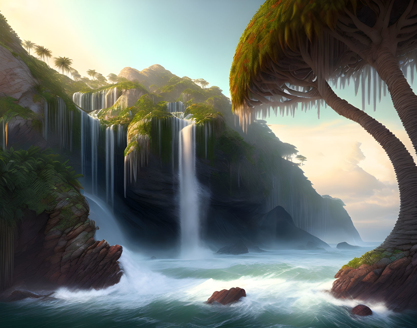 Tropical waterfall cascading into misty ocean bay surrounded by lush cliffs