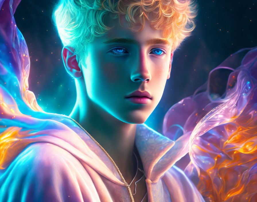 Digital portrait: Young person with blond curly hair and blue eyes under neon light, surrounded by glowing orange