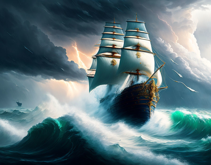 Tall ship battling through stormy seas with lightning in the sky