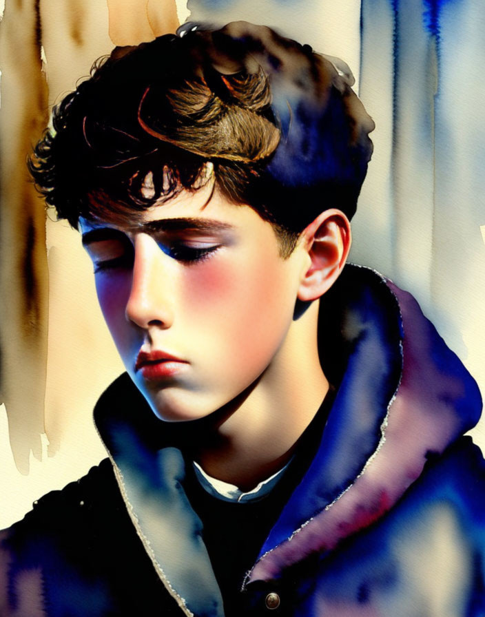 Portrait of a young person with dark wavy hair against watercolor background