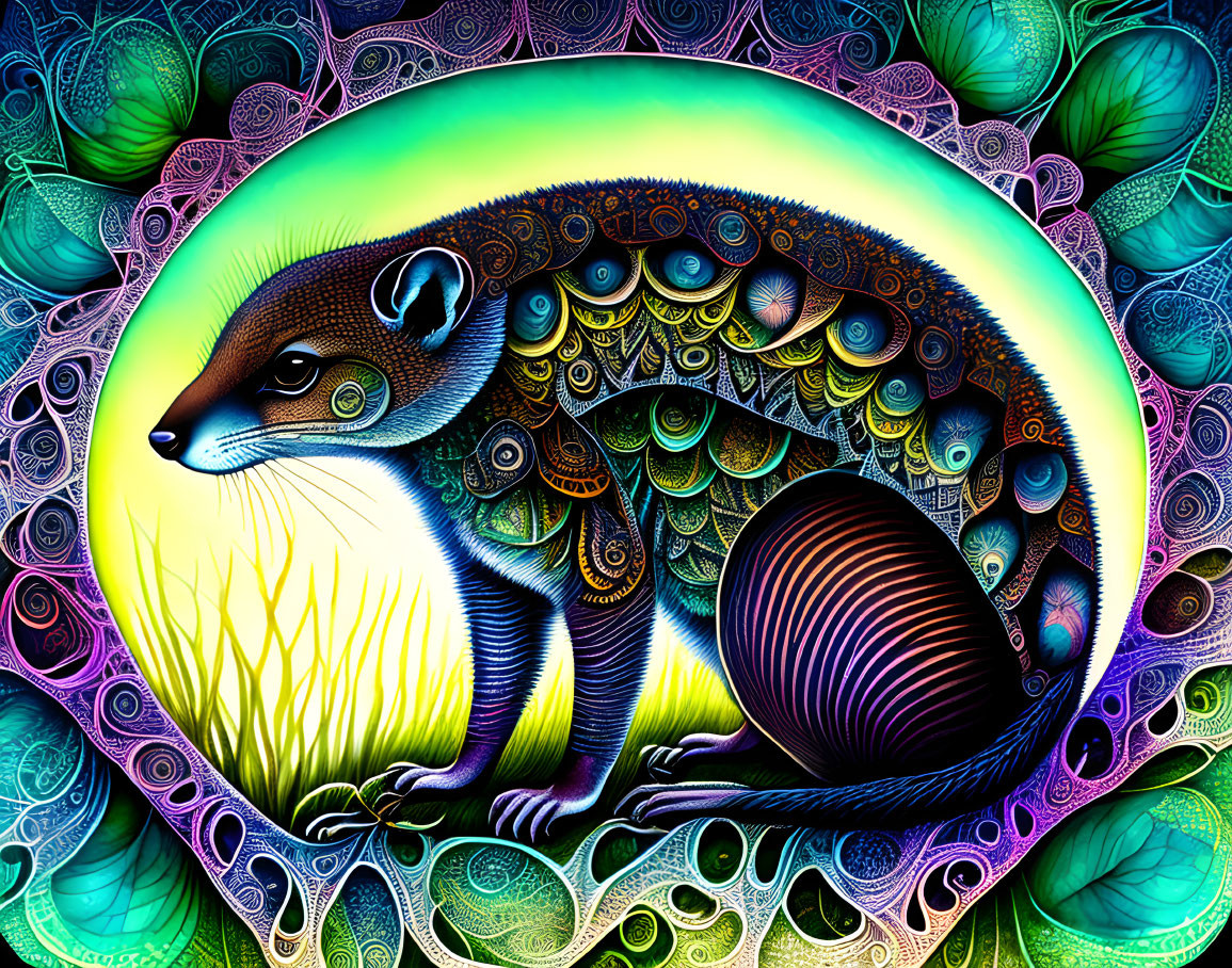 Colorful Stylized Ferret Illustration with Psychedelic Patterns & Moon Backdrop