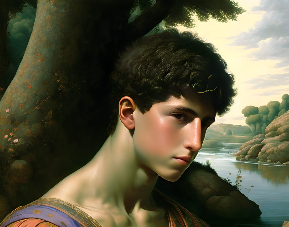 Young person with classical features gazing in nature portrait.