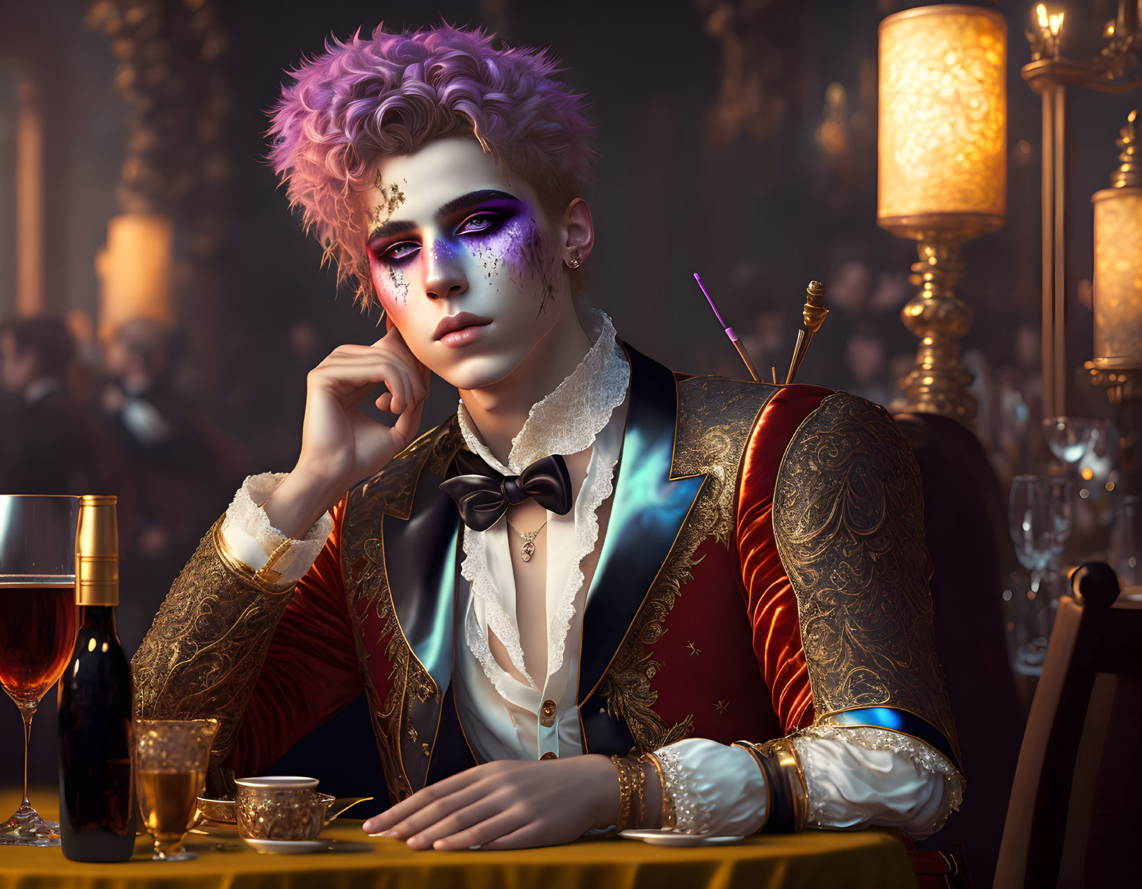 Purple-haired individual with artistic makeup in contemplative mood at elegant gala