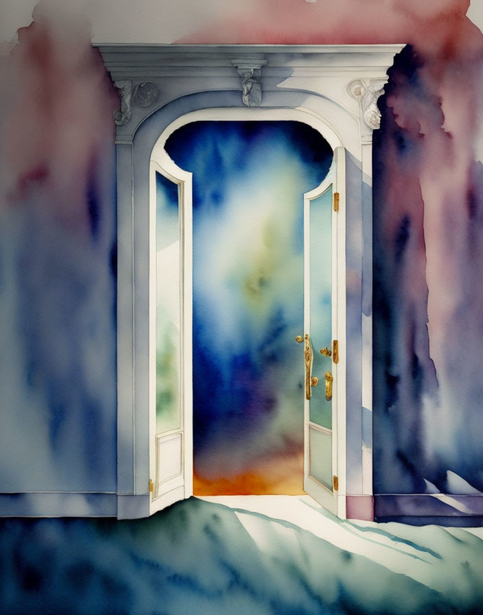 Vibrant watercolor painting of an open doorway contrasted with muted tones