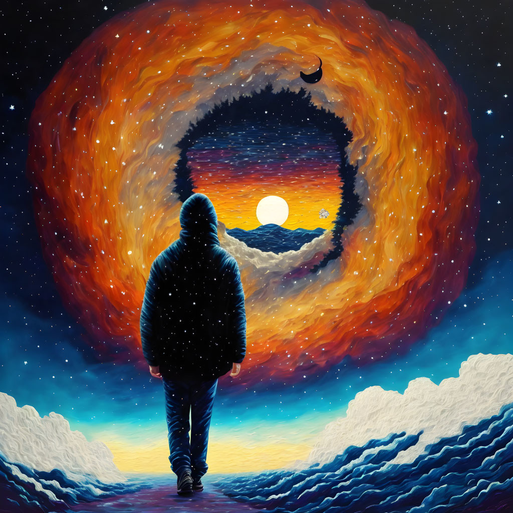 Person in front of cosmic vortex with moon at center