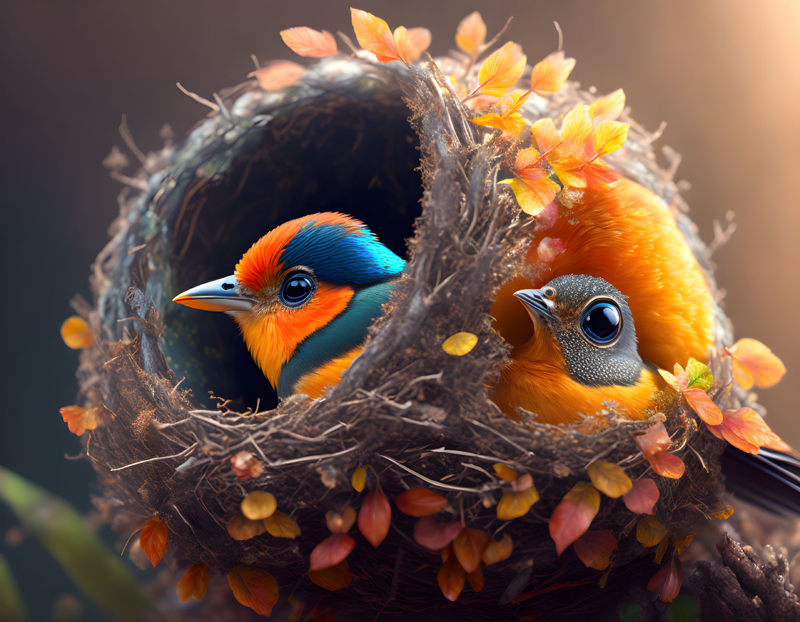 Colorful Birds in Autumn Nest with Blurred Background