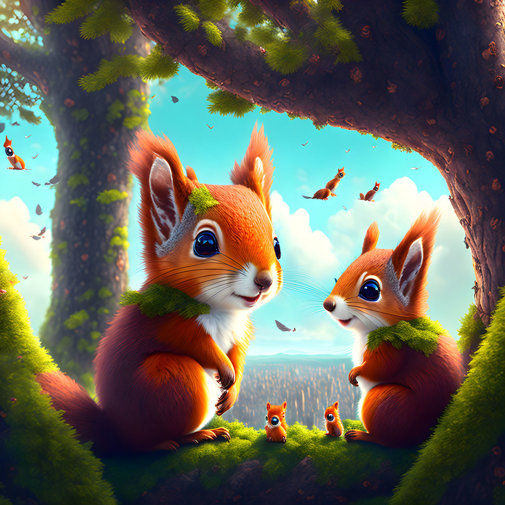 Whimsical forest scene with animated squirrels and birds