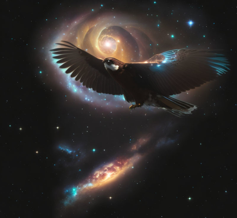 Majestic bird soaring amidst cosmic galaxies and stars